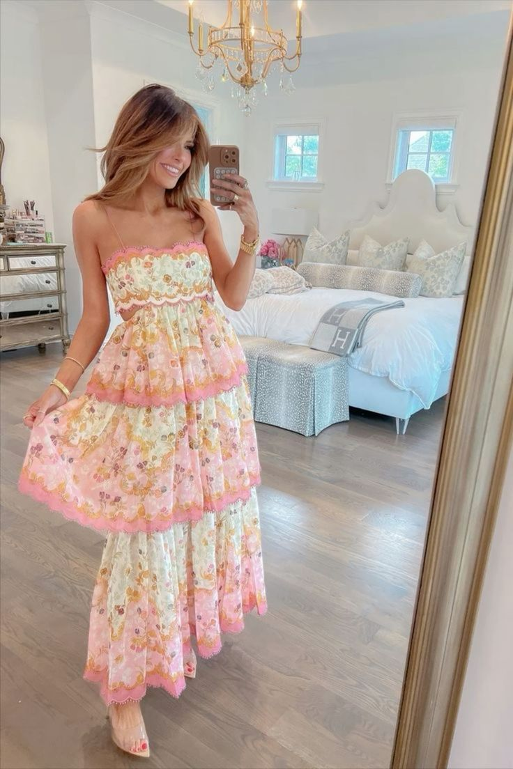 Sweet Spaghetti Straps Tiered Print A-Line Prom Dress Long Prom Evening Dress