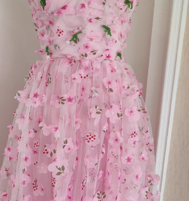 Chic A Line Straps Pink Floral Tulle Lace Prom Dresses Birthday Outfits