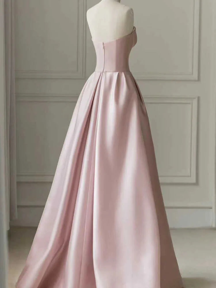 A-Line Satin Tulle Pink Long Prom Dress With Pearls