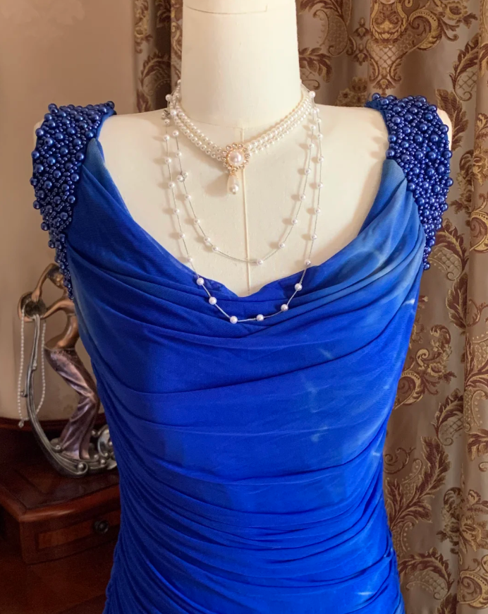 Sexy Royal Blue Tulle Pleated Beaded Mermaid Long Wedding Guest Dress Evening Dress
