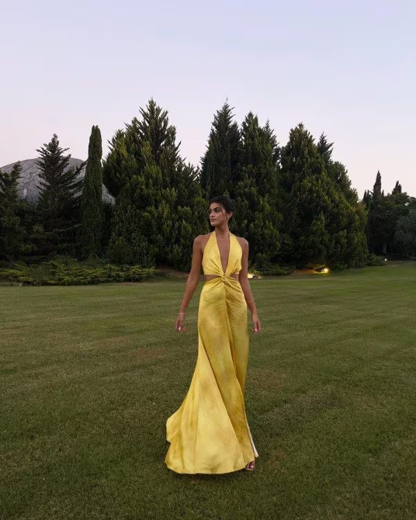 Pretty A line Halter Neckline Long Yellow Prom Dress Evening Dress Formal Dress