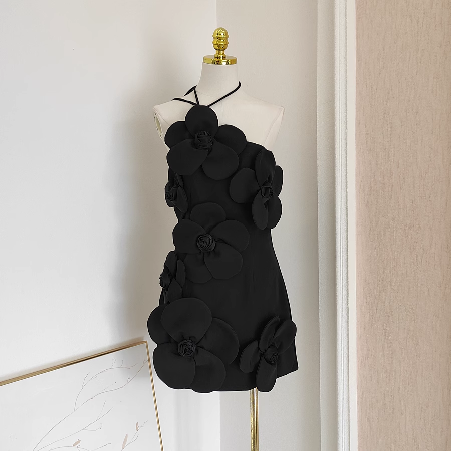 Cute A line Halter Black Flowers Vacation Dress Short Birthday Dresses