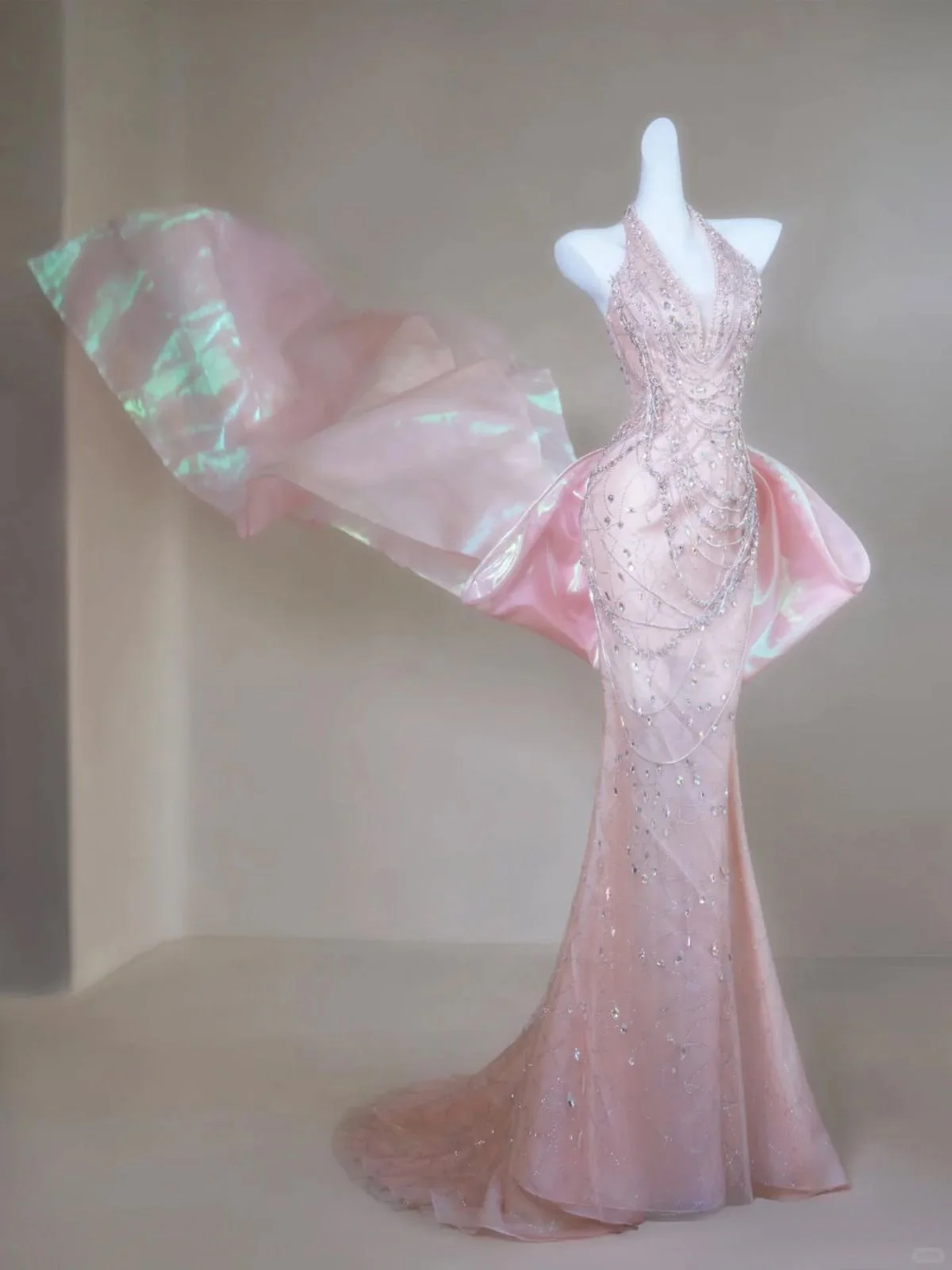 Mermaid Halter Light Pink Satin Beaded Long Prom Dress,Formal Evening Dress