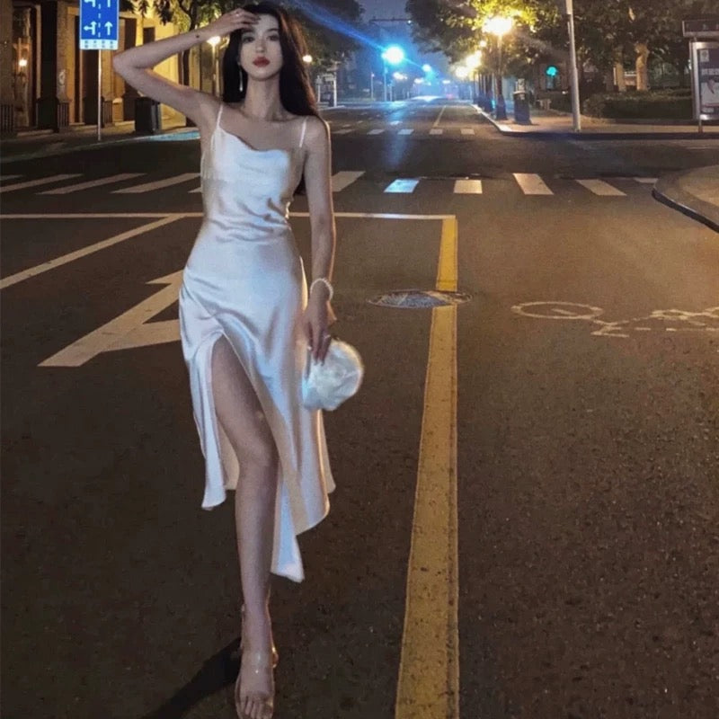 Retro A Line Spaghetti Straps Satin Party Dress Prom Dresses