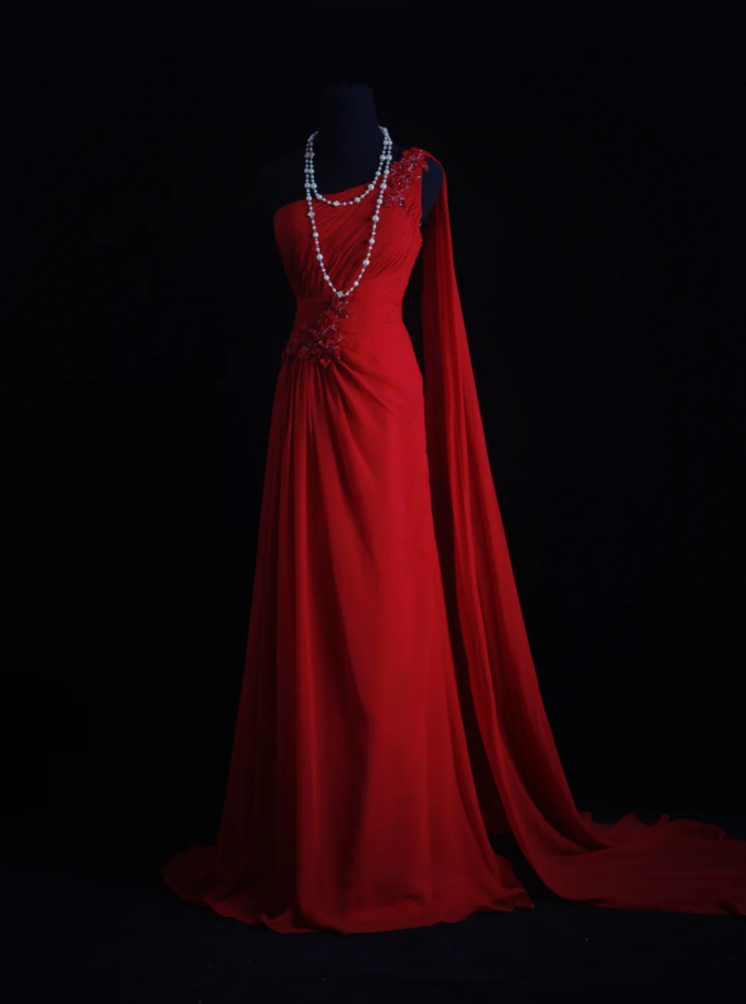 Classy One Shoulder Red Chiffon Beaded Mermaid Long Party Dress Formal Wedding Guest Dress
