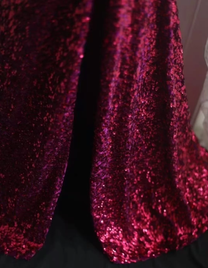 Sparkly Spaghetti Straps Hot Pink Sequin Mermaid Slit Evening Dress Long Wedding Guest Dress