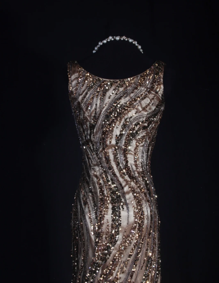 Retro Dark Brown Sleeveless Satin Sequin Beaded Long Evening Dress Birthday Dress