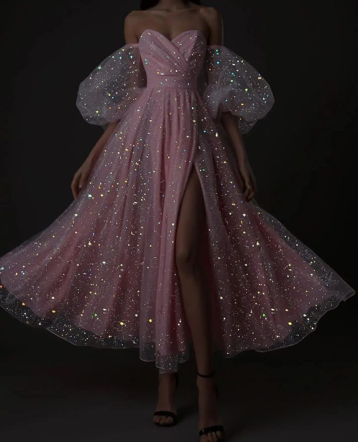 Sparkly Off The Shoulder Slit Pink Knee Length Prom Dress Evening Gown