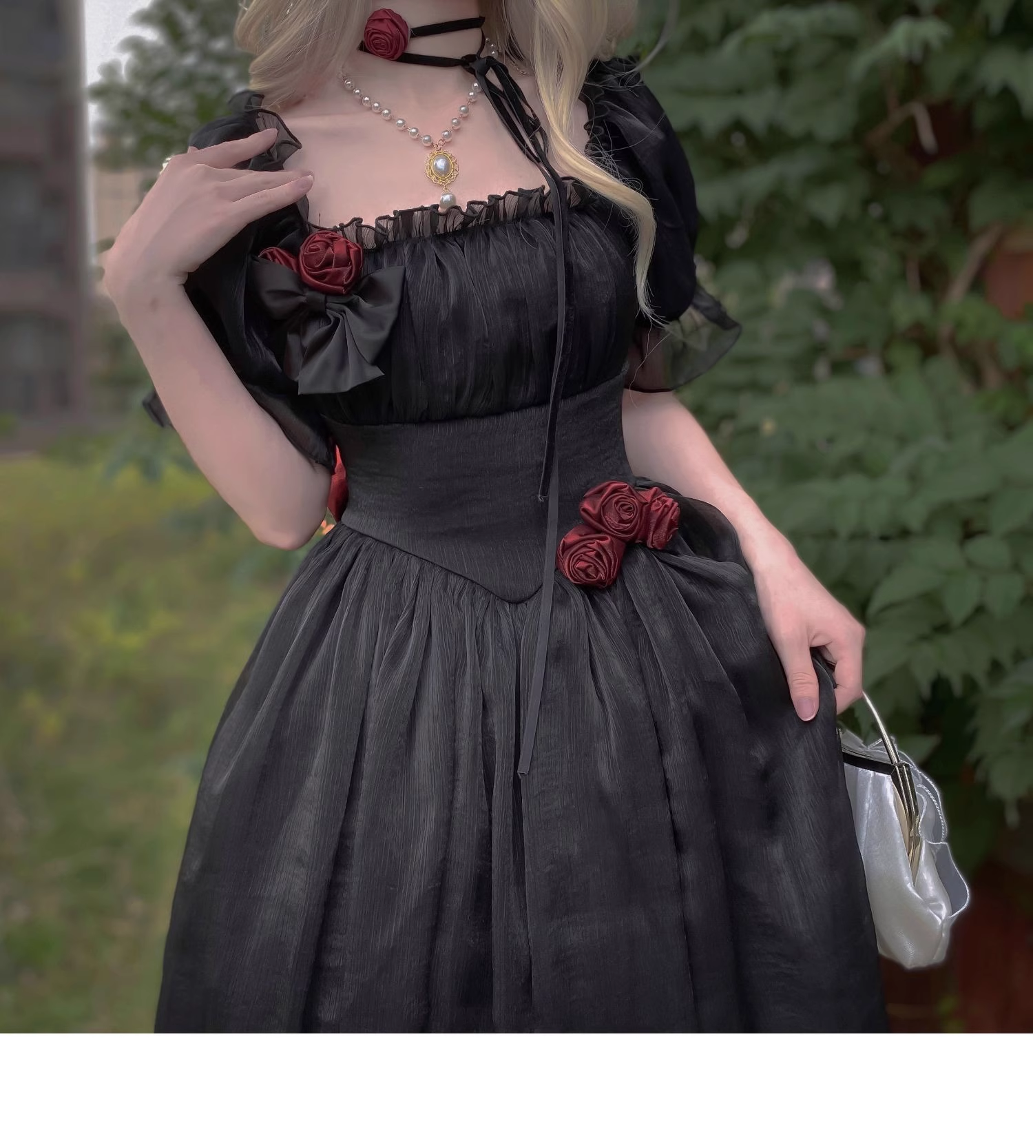 Retro A Line Square Neckline Short Sleeves Black Chiffon Long Party Dresses Birthday Dress