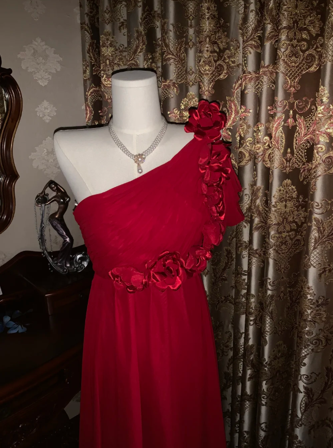 Elegant One Shoulder Red Chiffon Long Wedding Guest Dress Formal Birthday Prom Dress Evening Dress With Flowers
