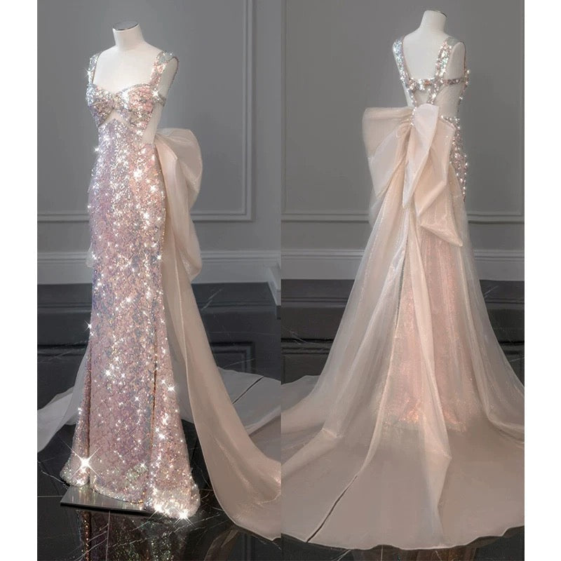 Elegant Mermaid Straps Long Sequin Prom Dress