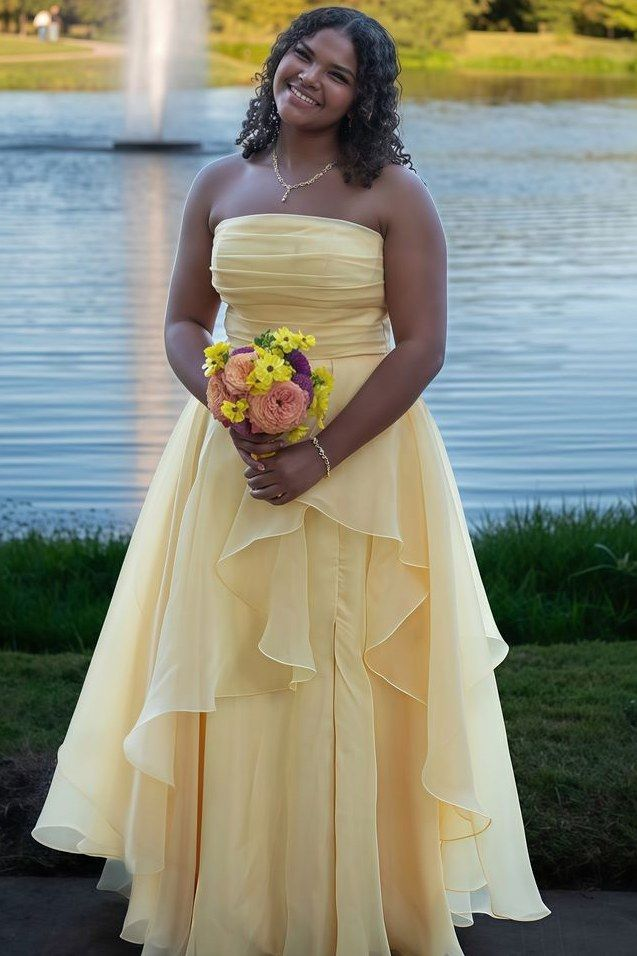 Classy Strapless Yellow Satin Tulle Slit Long Prom Dress Formal Birthday Party Dress