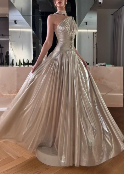 Stylish One Shoulder Satin Pleated A Line Long Prom Dress Formal Evening Dress With Scarf