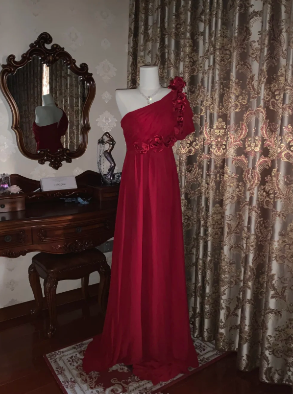 Elegant One Shoulder Red Chiffon Long Wedding Guest Dress Formal Birthday Prom Dress Evening Dress With Flowers