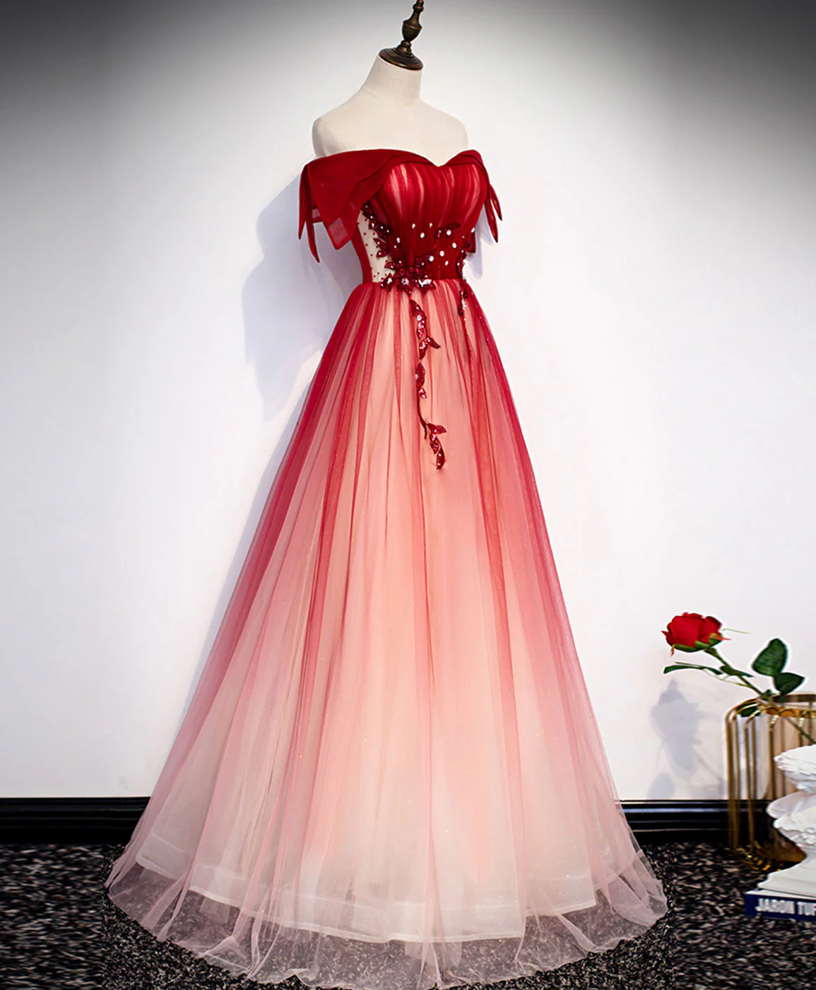 Burgundy Off Shoulder Tulle Long Prom Dress, Burgundy Formal Dress