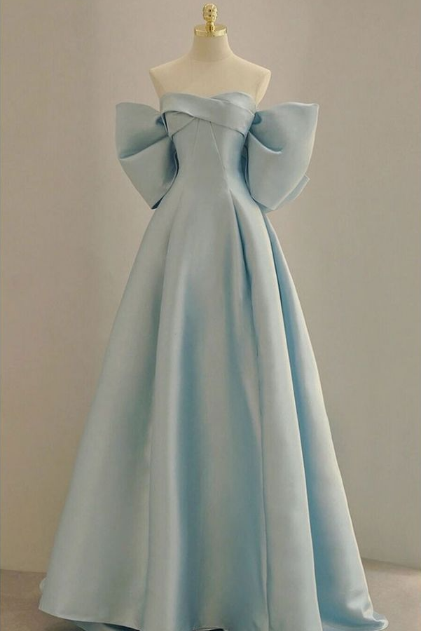 Sky Blue Long Satin Prom Dress With Big Bow In Back