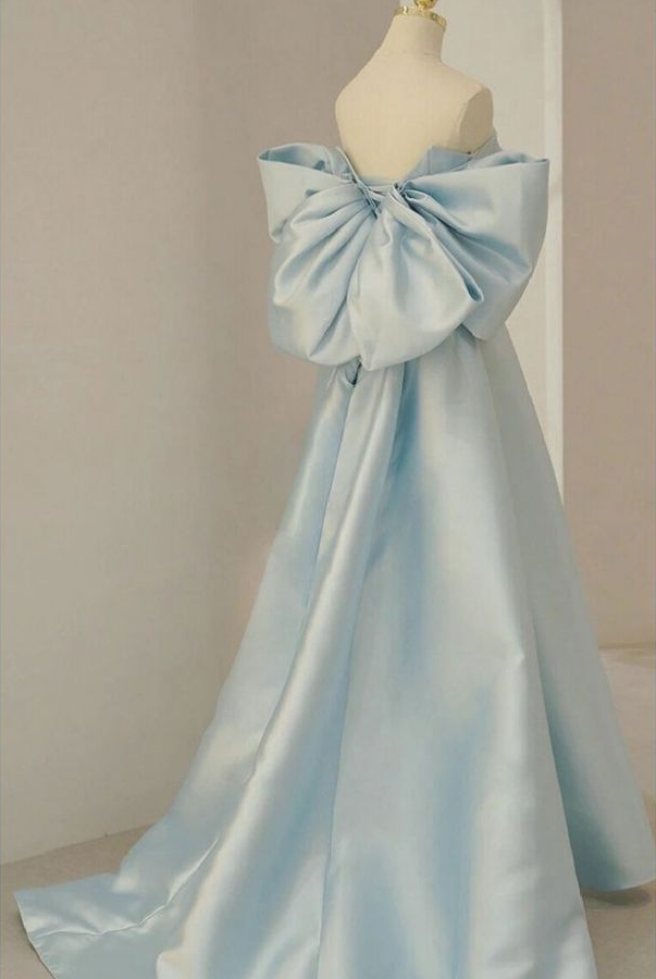 Sky Blue Long Satin Prom Dress With Big Bow In Back