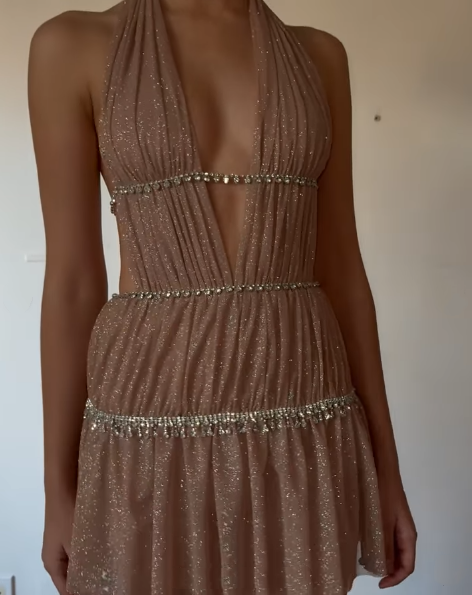 Shiny Halter Deep V Tulle Beaded Short 7th Grade Homecoming Dress Sexy Cocktail Dress