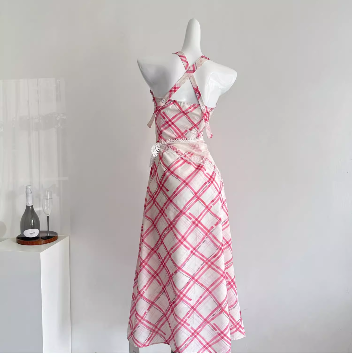 Red White Grid French A Line Vacation Dress Birthday Dress