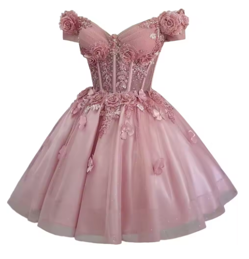 Pretty Off The Shoulder Tulle Appliques Homecoming Dress Pink Short Birthday Dress