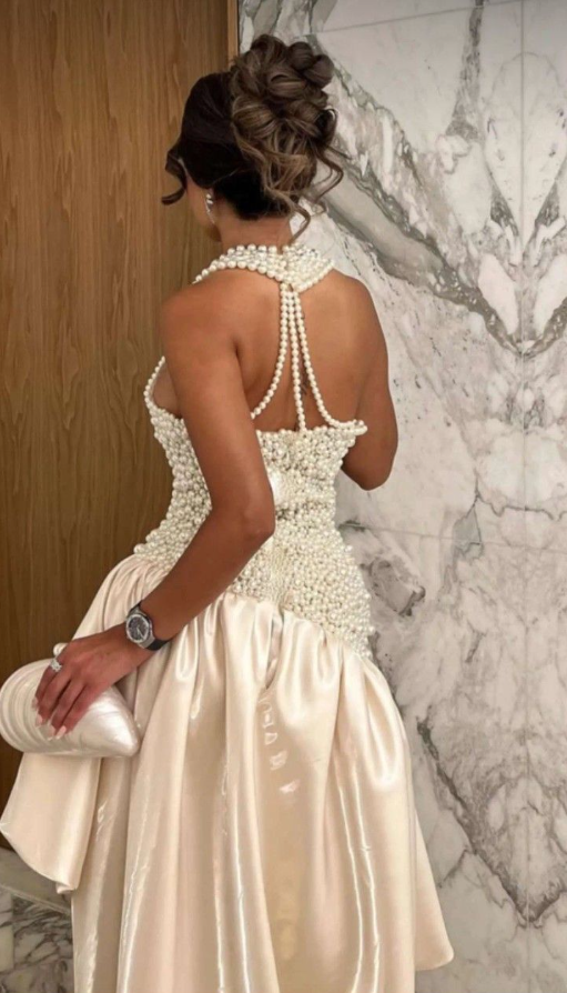 Elegant Halter V Neck Ivory Satin Pearls Beaded Mermaid Party Dress Long Prom Dresses