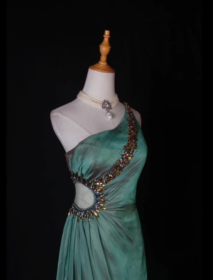 Vintage Green One Shoulder Satin Chiffon Beaded Mermaid Long Evening Dress Birthday Dress
