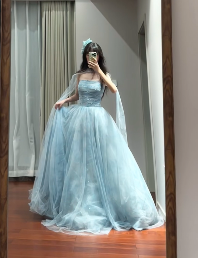 Classy Blue Strapless Tulle Beaded Long Party Dress Birthday Prom Dresses