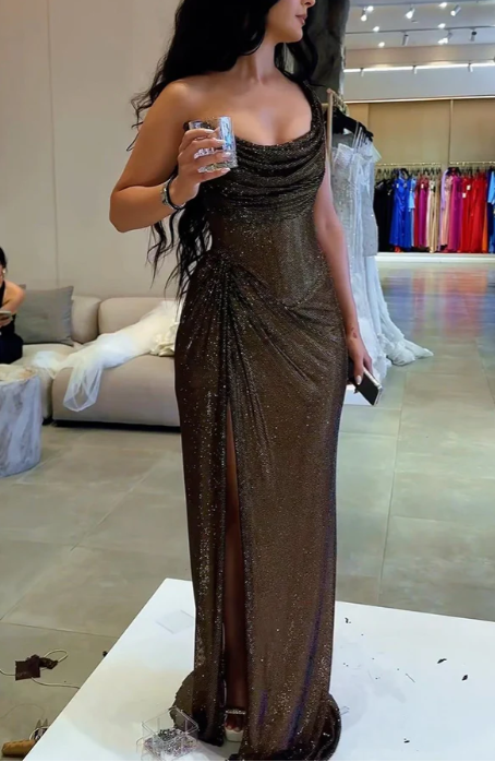 Gorgeous Black One Shoulder Tulle Sequins Pleated Slit Evening Dress,Formal Party Prom Dress