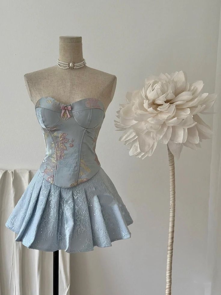 Pretty Strapless Blue Satin Print Floral Lace Birthday Dress A Line Short Vacation Dress