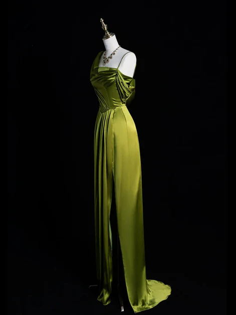 Lovely Green Satin One Shoulder Prom Dress A-line Slit Party Dress