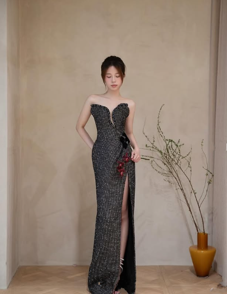 Unique Black Sequins Beaded Mermaid Slit Prom Evening Dress,Long Party Dress