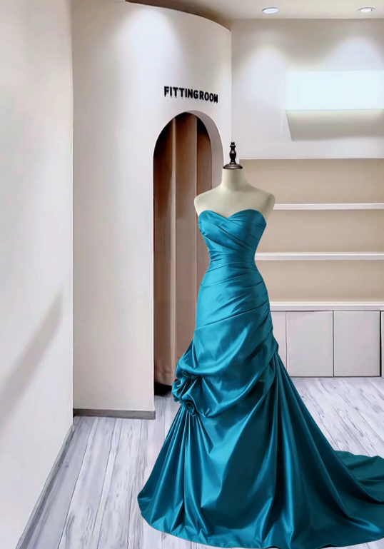 Classy Strapless Cerulean Blue Satin Pleated Mermaid Long Party Dress Formal Wedding Guest Dress