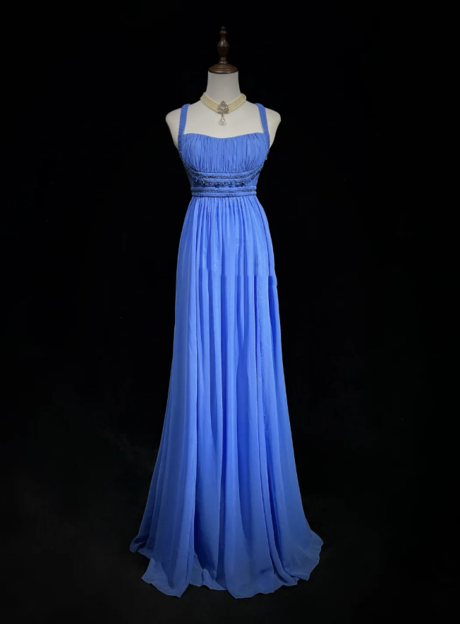 Elegant Spaghetti Straps Blue Chiffon Beaded Long Wedding Guest Dress Formal Birthday Prom Dress Evening Dress