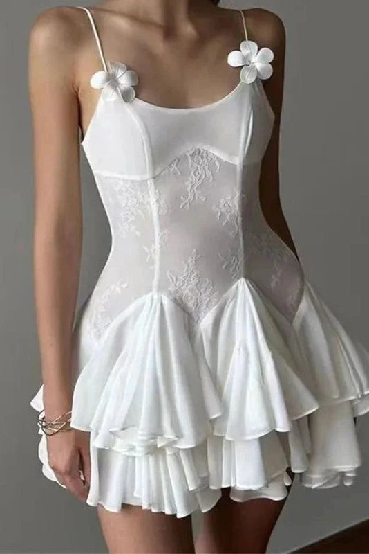 Fashion Spaghetti Straps White Lace Chiffon Short Homecoming Dress Birthday Outfits