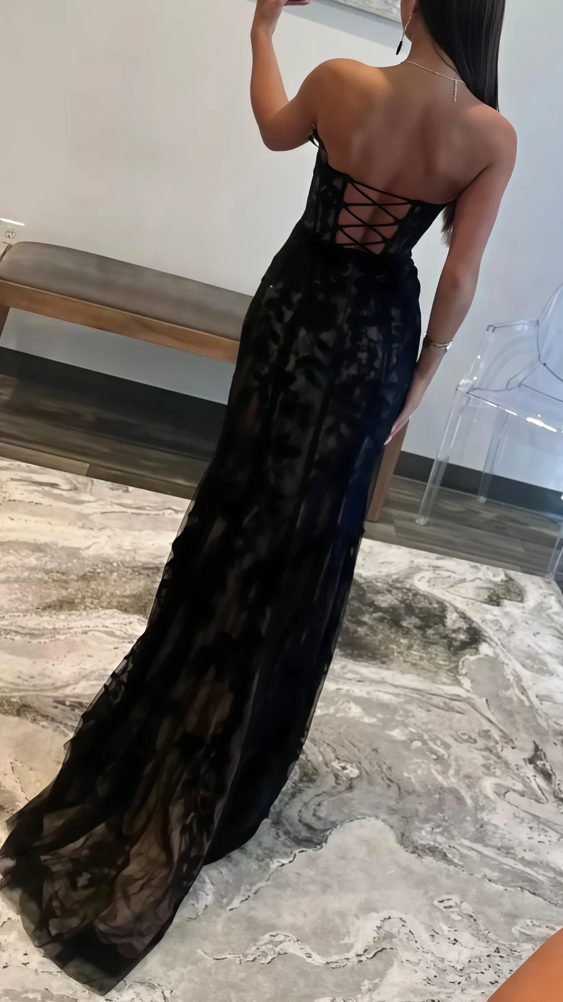 Sexy Tulle Lace Slit Evening Gown,Black Mermaid Long Prom Party Dress