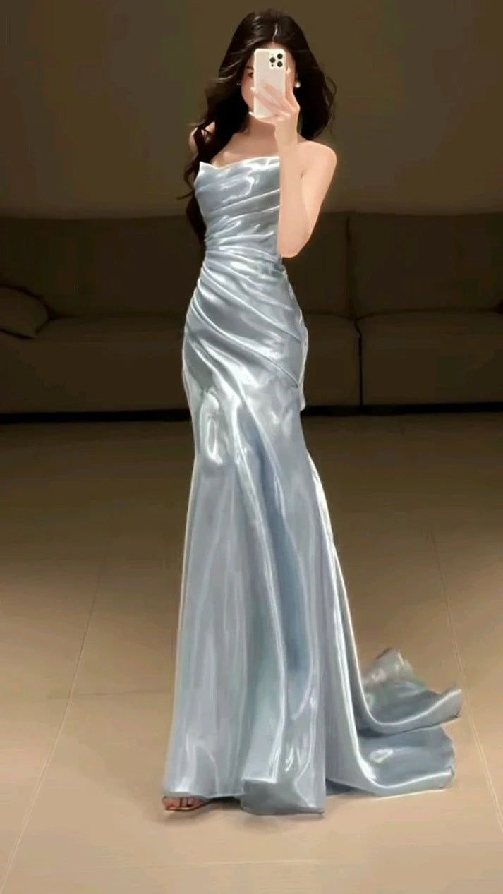 Pretty Strapless Satin Pleated Mermaid Evening Dress Party Dress Sky Blue Long Wedding Guest Dress