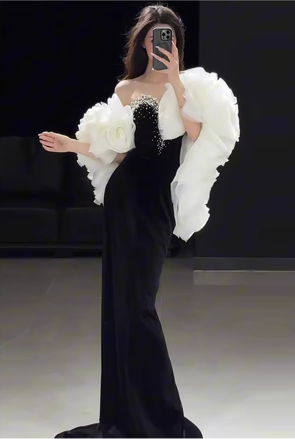 Gorgeous Strapless Black Velvet Beaded Mermaid Long Prom Dress Birthday Party Dress