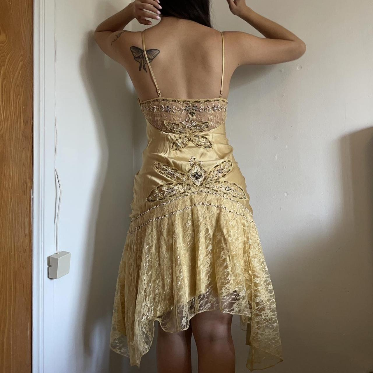 Vintage Gold Satin Lace Beaded Cocktail Dress Spaghetti Straps Homecoming Dress Birthday Outfits