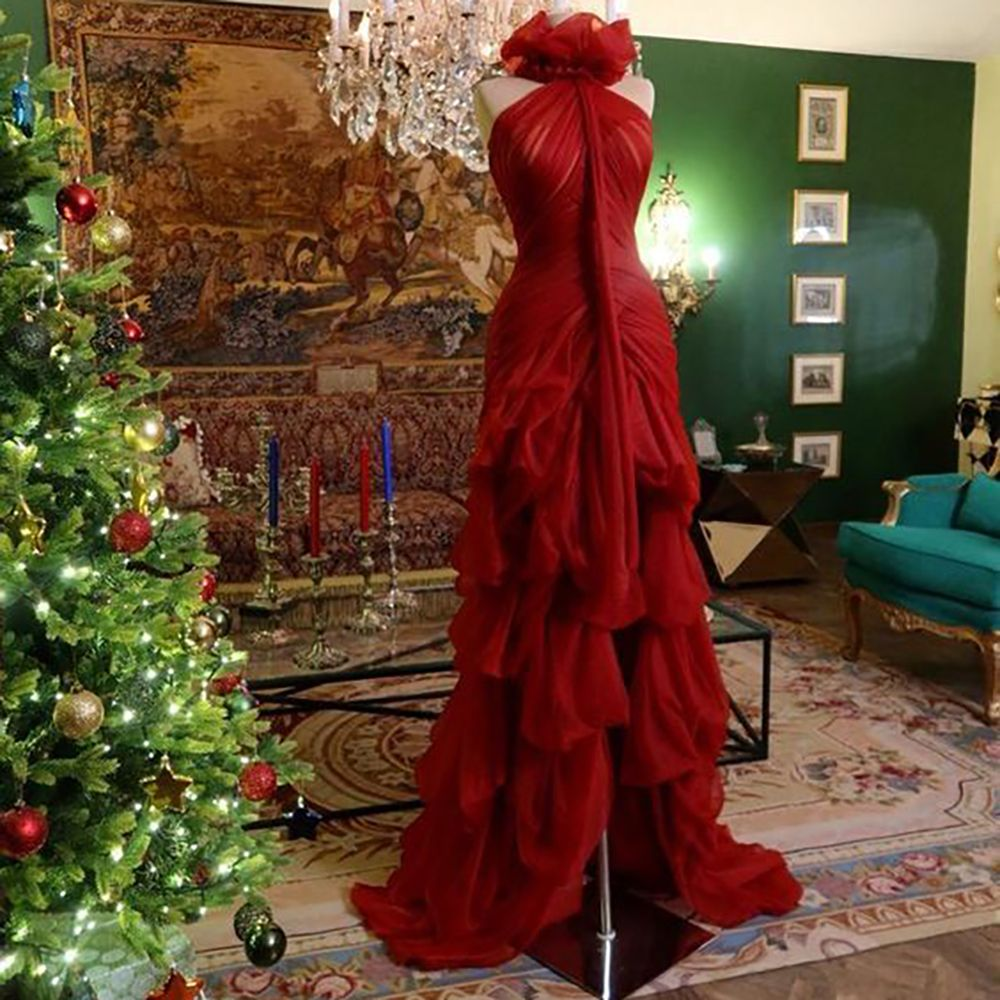 Chic Red Chiffon Pleated layered Slit Mermaid Prom Dress Evening Dress