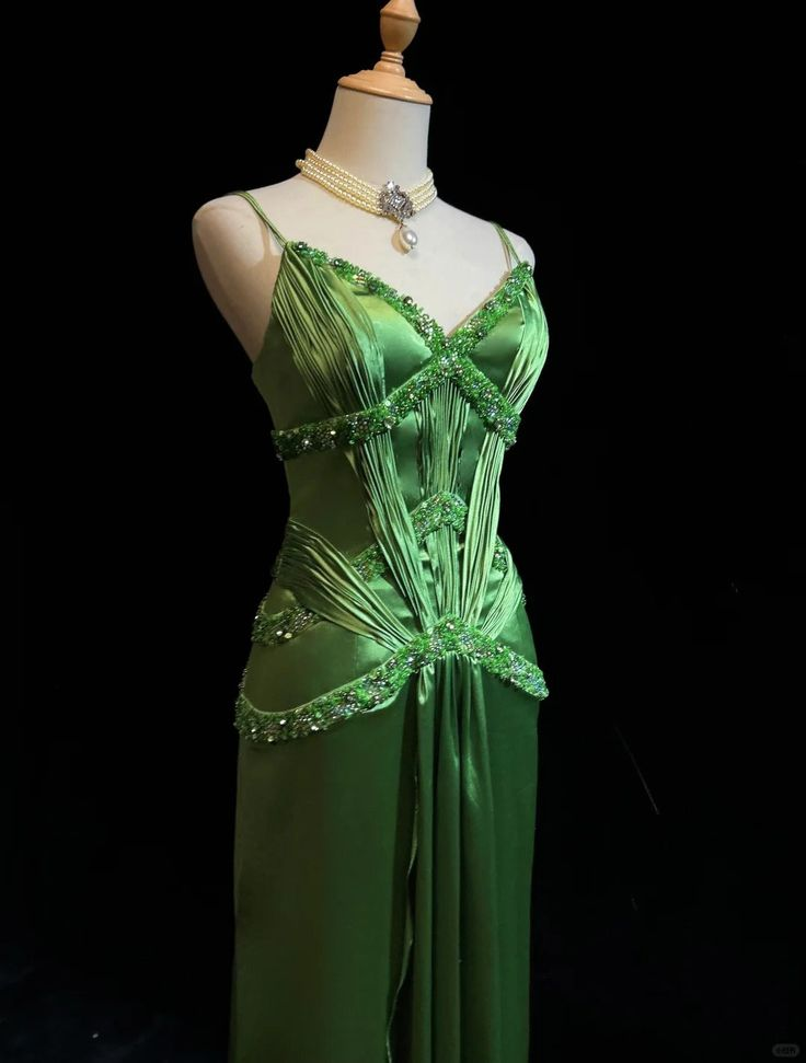 Vintage Green Satin Beaded Party Prom Dress,Spaghetti Strap Evening Dress