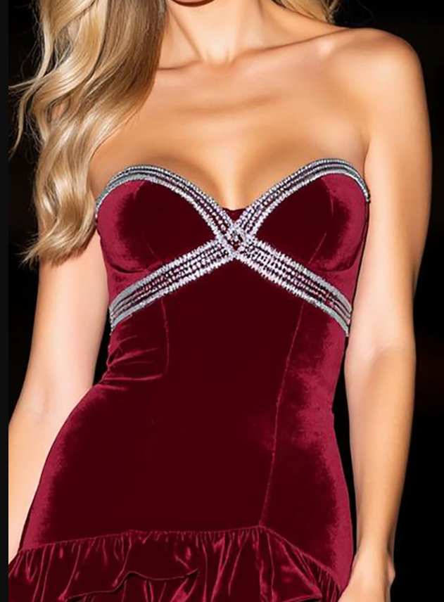 Vintage Burgundy Strapless Sheath Beaded Velvet Ruffle Mini Cocktail Dress Formal Graduation Homecoming Dress