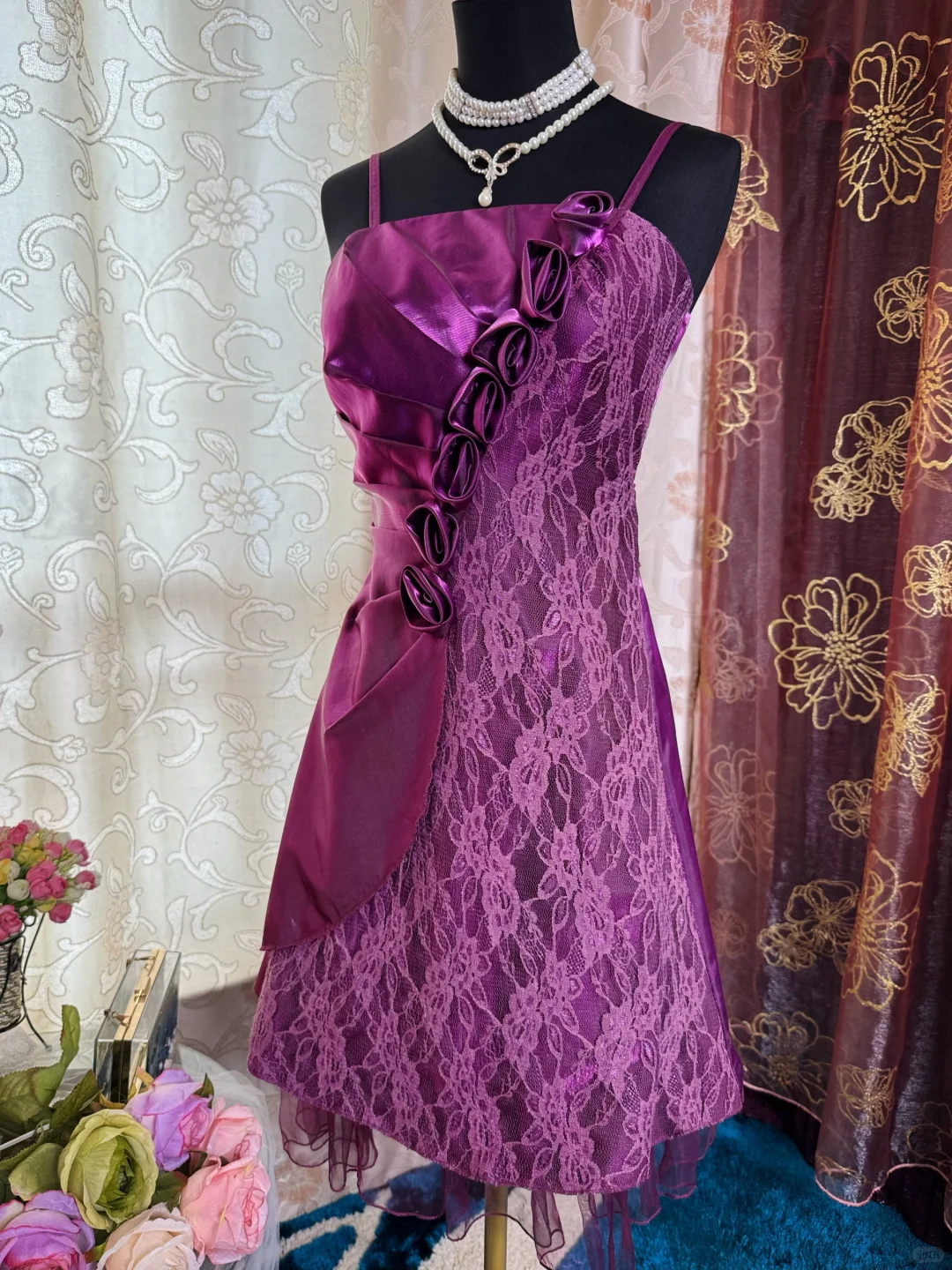 Charming Purple Satin Lace Short Prom Dress Formal Graduation Homecoming Dress