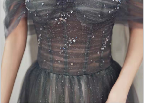 CUTE TULLE SEQUINS LONG PROM DRESS EVENING GOWN