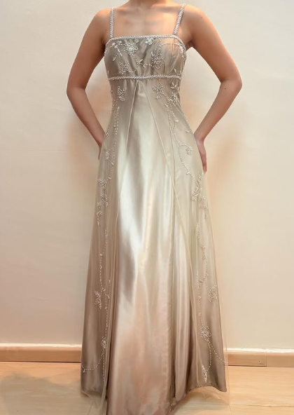 Vintage Spaghetti Straps Beaded Satin Evening Dress,A Line Formal Party Prom Dress