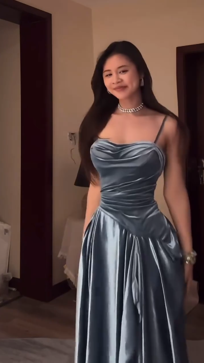 Charming Spaghetti Straps Blue Satin Pleated A Line Long Party Dress Prom Dress