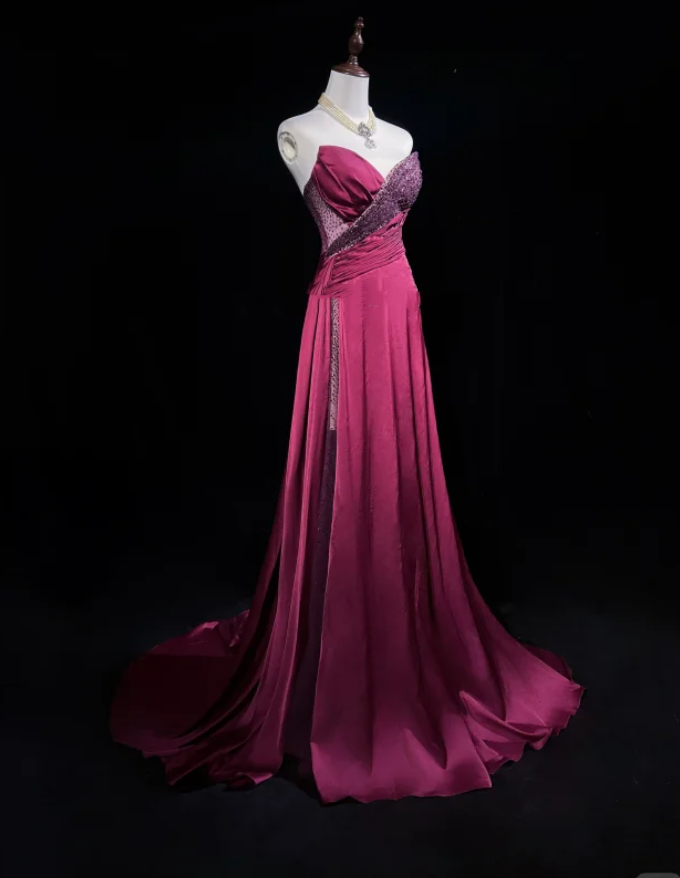 Elegant Strapless Hot Pink Satin Beaded Mermaid Long Wedding Guest Dress Formal Evening Dress
