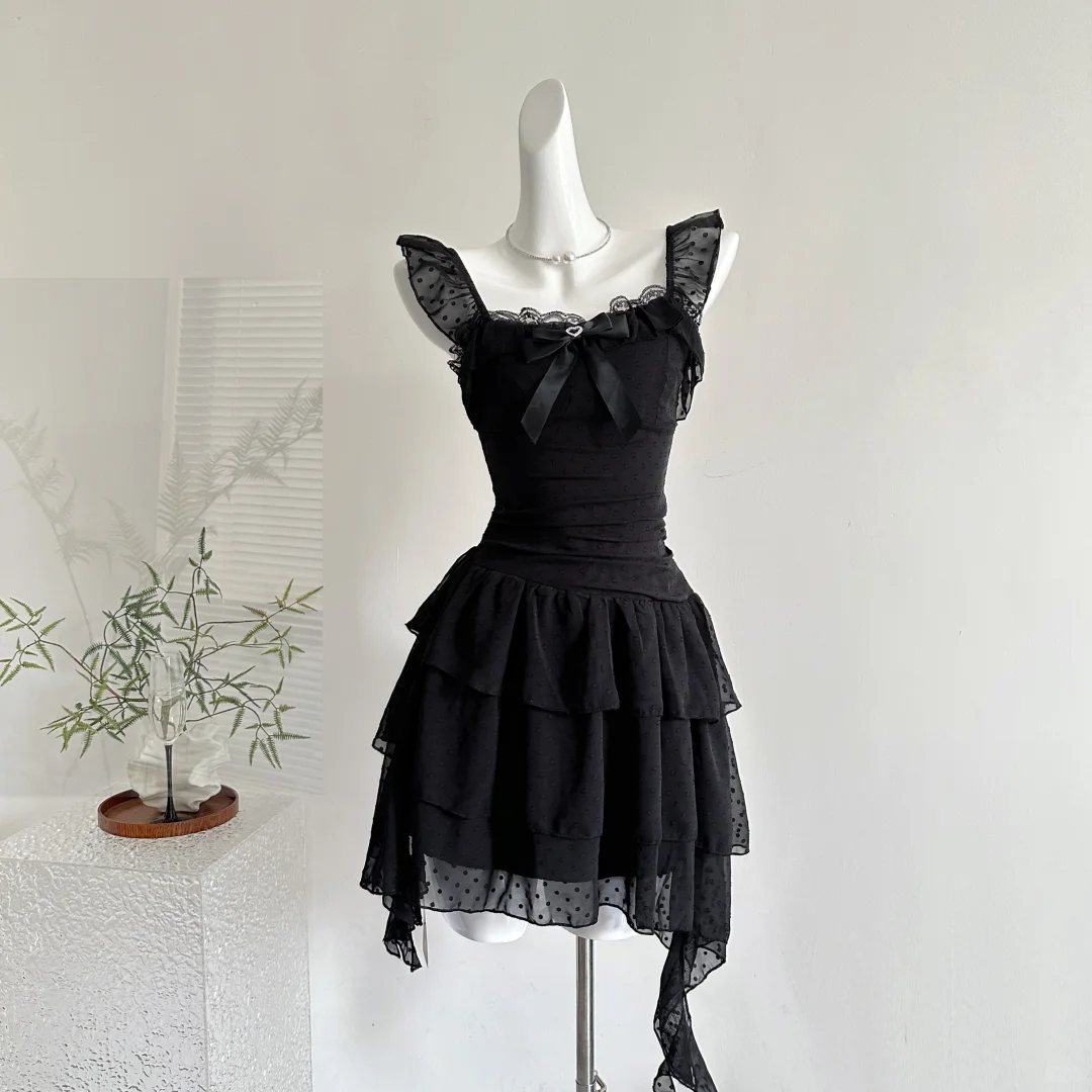 Cute A Line Chiffon Black Short Vacation Dresses Women Dresses