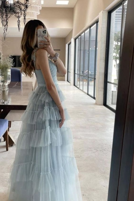 Light Blue Tulle Pleated Floor Length Junior Prom Dress