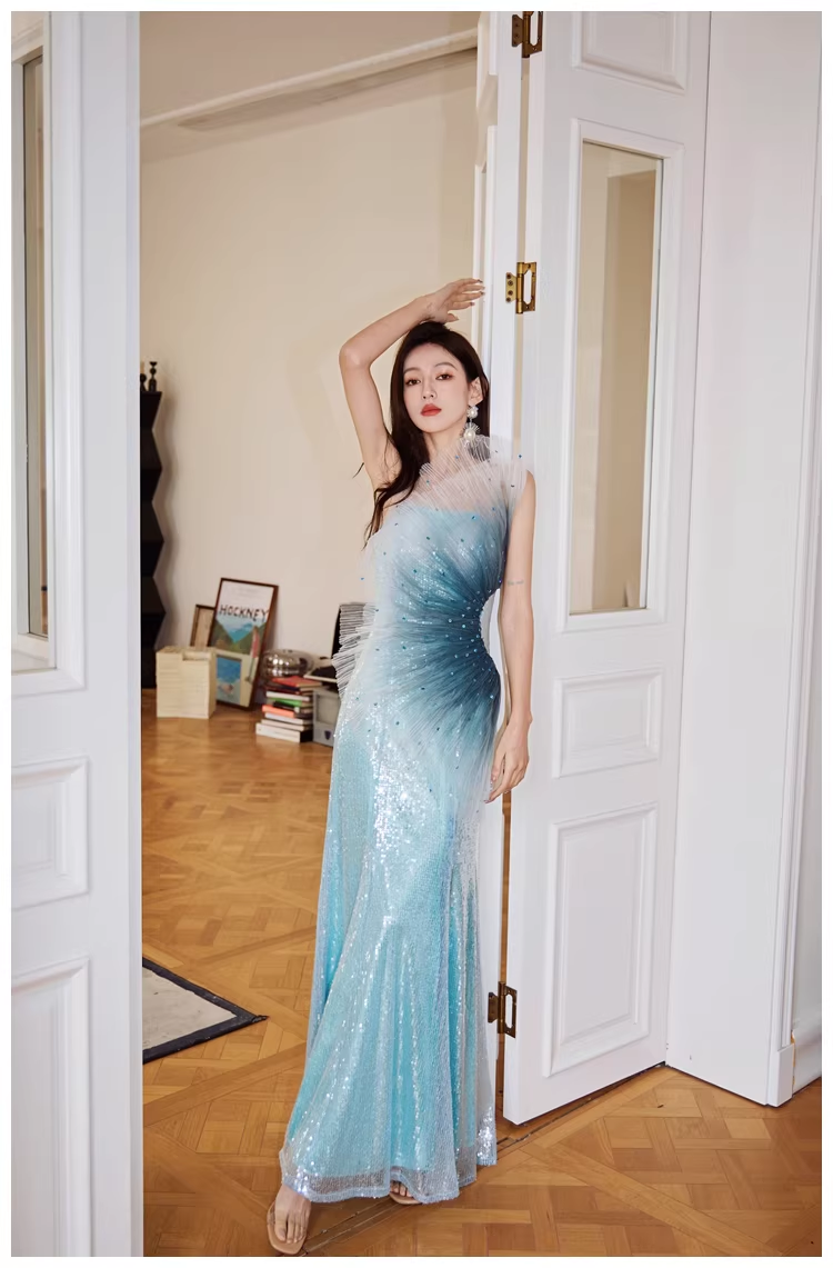 Glamorous Blue Tulle Sequin Mermaid Long Evening Dress Formal 19th Birthday Outfits With Beads