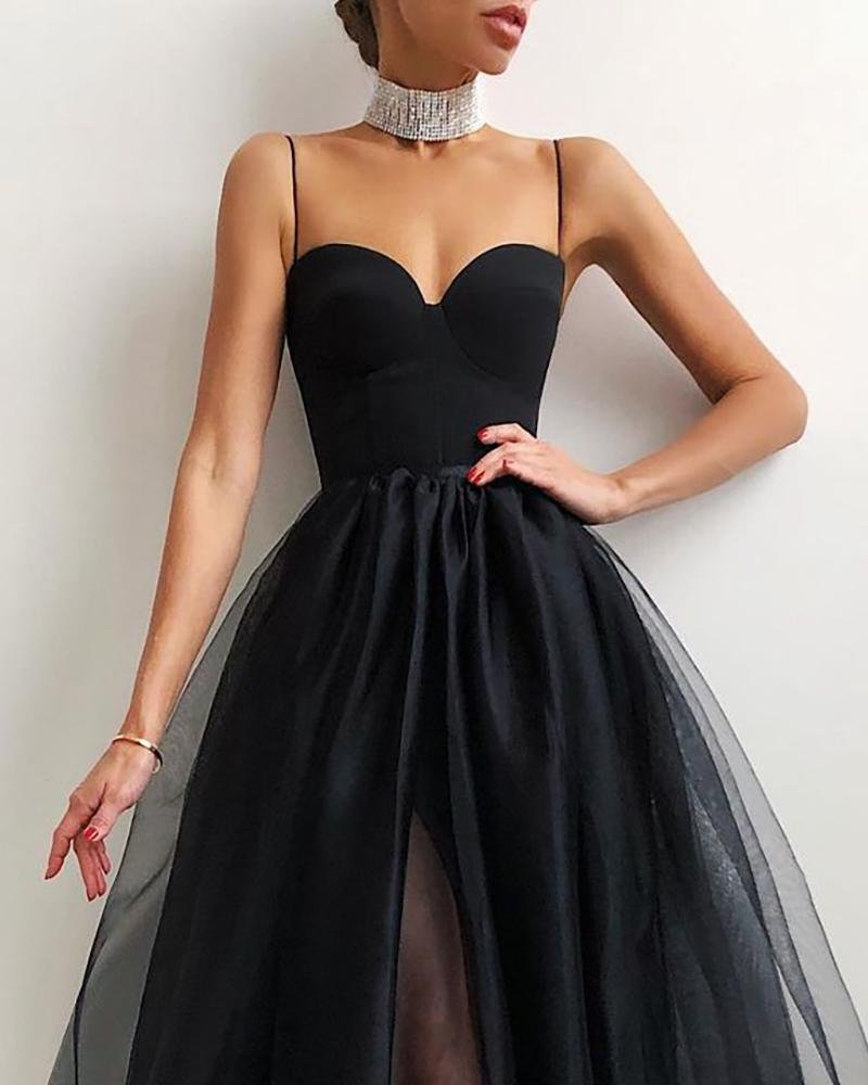 Spaghetti Strap Plain Sheer Evening Dress Simple Tulle Party Dress